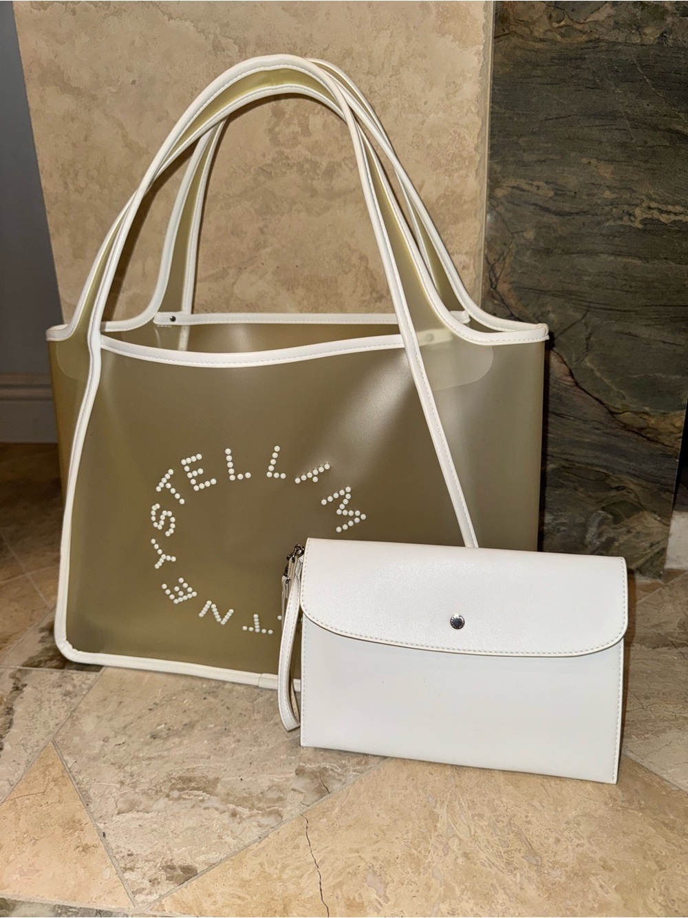 Stella McCartney Logo Tote Bag & Pouch Beige White 2 Piece Set